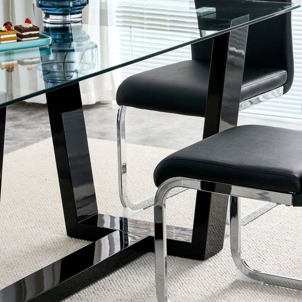 English Elm Seating Eight Tempered Glass Rectangular Dining Table with Matte Black Mdf Base W1151S04949