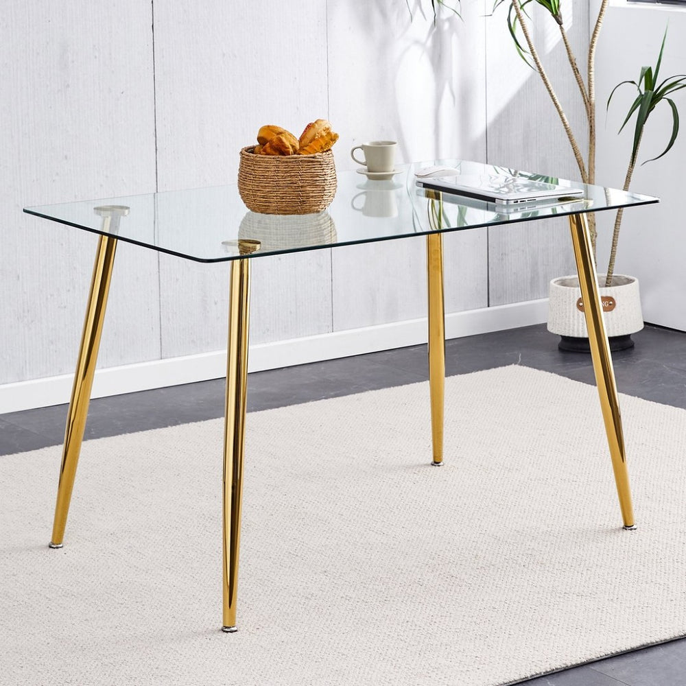 English Elm Modern Rectangular Tempered Glass Dining Table with Golden Legs Seats Four to Six W1151S04952
