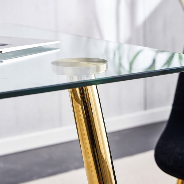 English Elm Modern Rectangular Tempered Glass Dining Table with Golden Legs Seats Four to Six W1151S04952