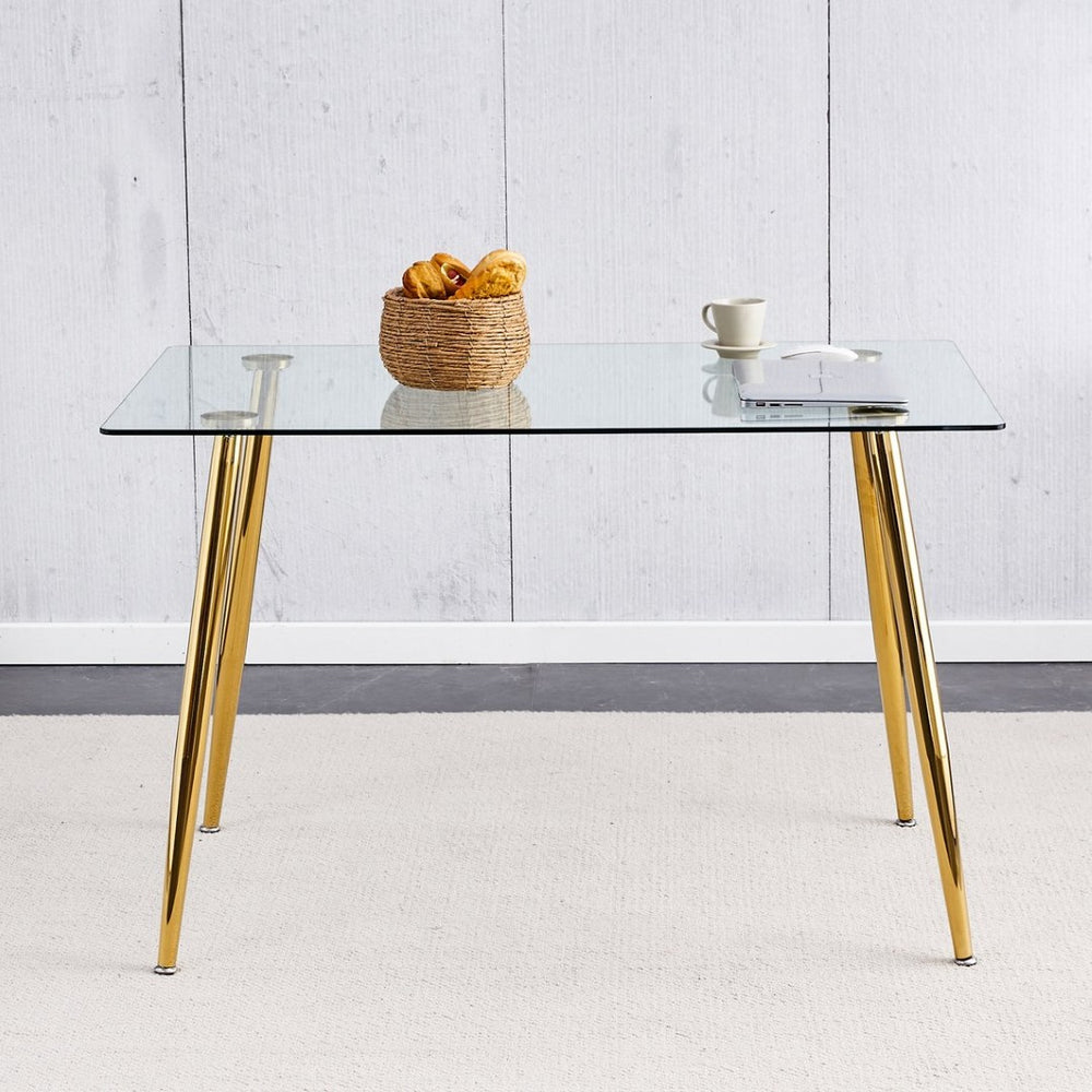 English Elm Modern Rectangular Tempered Glass Dining Table with Golden Legs Seats Four to Six W1151S04952