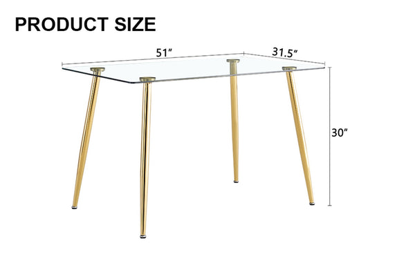 English Elm Modern Rectangular Tempered Glass Dining Table with Golden Legs Seats Four to Six W1151S04952