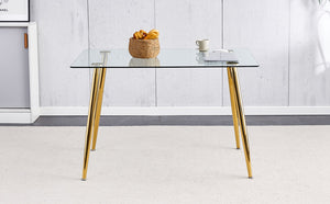 English Elm Modern Rectangular Tempered Glass Dining Table with Golden Legs Seats Four to Six W1151S04952