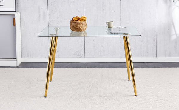 English Elm Modern Rectangular Tempered Glass Dining Table with Golden Legs Seats Four to Six W1151S04952
