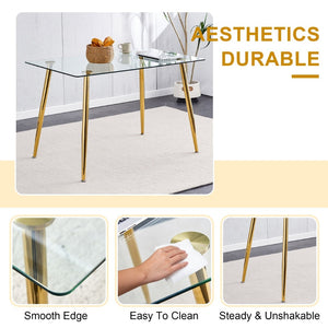 English Elm Modern Rectangular Tempered Glass Dining Table with Golden Legs Seats Four to Six W1151S04952