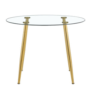 English Elm A Round Tempered Glass Dining Table with Gold Metal Legs Seats Four Modern Spaces W1151S04953