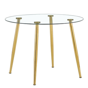 English Elm A Round Tempered Glass Dining Table with Gold Metal Legs Seats Four Modern Spaces W1151S04953