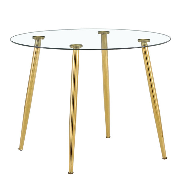 English Elm A Round Tempered Glass Dining Table with Gold Metal Legs Seats Four Modern Spaces W1151S04953