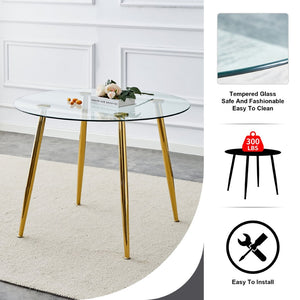 English Elm A Round Tempered Glass Dining Table with Gold Metal Legs Seats Four Modern Spaces W1151S04953