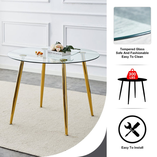 English Elm A Round Tempered Glass Dining Table with Gold Metal Legs Seats Four Modern Spaces W1151S04953