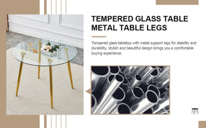 English Elm A Round Tempered Glass Dining Table with Gold Metal Legs Seats Four to Six W1151S04954