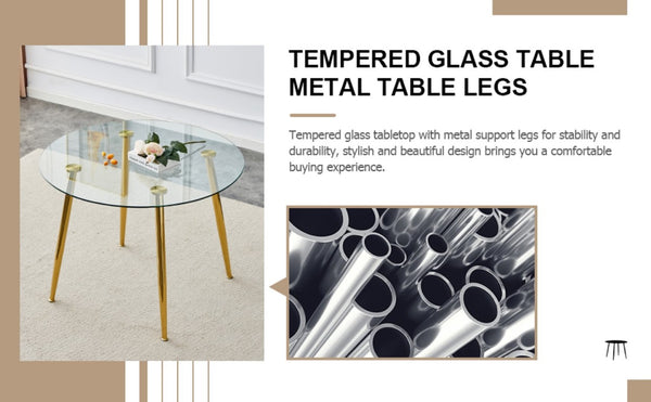 English Elm A Round Tempered Glass Dining Table with Gold Metal Legs Seats Four to Six W1151S04954