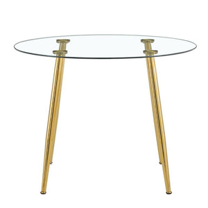 English Elm A Round Tempered Glass Dining Table with Gold Metal Legs Seats Four to Six W1151S04954