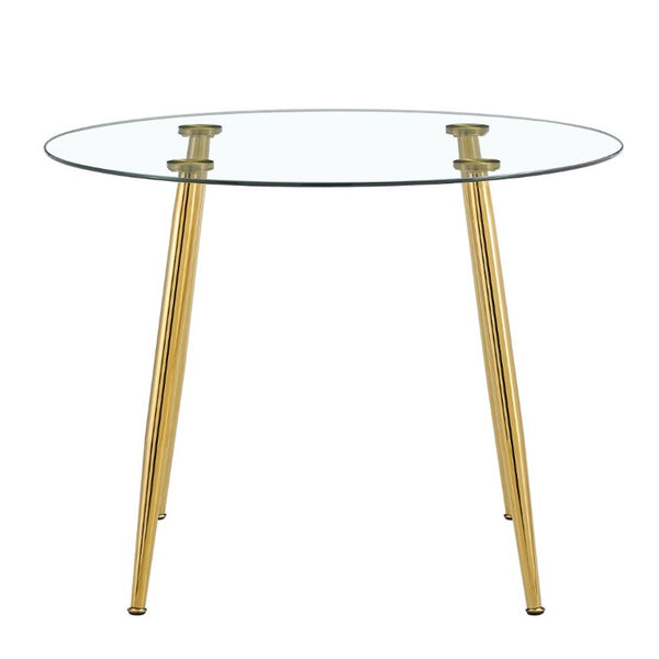 English Elm A Round Tempered Glass Dining Table with Gold Metal Legs Seats Four to Six W1151S04954