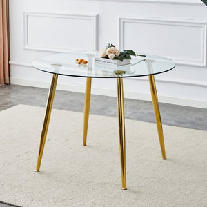 English Elm A Round Tempered Glass Dining Table with Gold Metal Legs Seats Four to Six W1151S04954