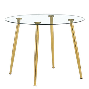 English Elm A Round Tempered Glass Dining Table with Gold Metal Legs Seats Four to Six W1151S04954