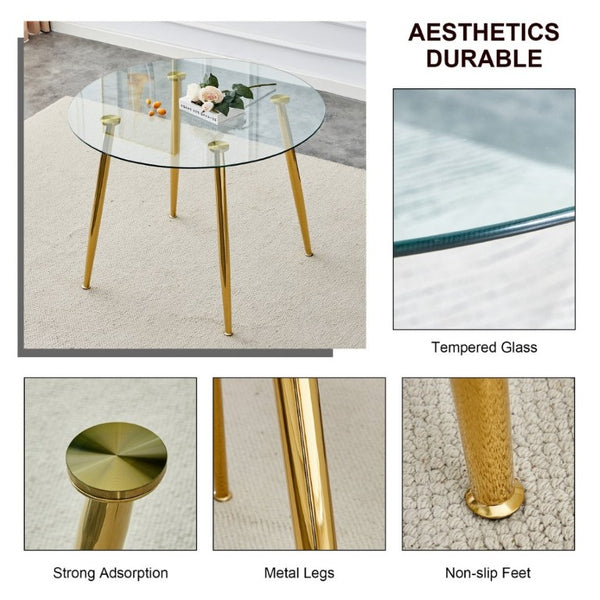English Elm A Round Tempered Glass Dining Table with Gold Metal Legs Seats Four to Six W1151S04954