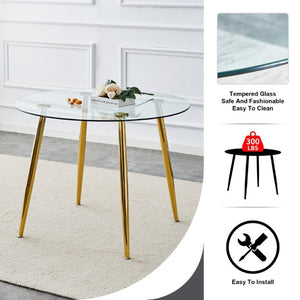 English Elm A Round Tempered Glass Dining Table with Gold Metal Legs Seats Four to Six W1151S04954