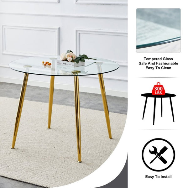 English Elm A Round Tempered Glass Dining Table with Gold Metal Legs Seats Four to Six W1151S04954