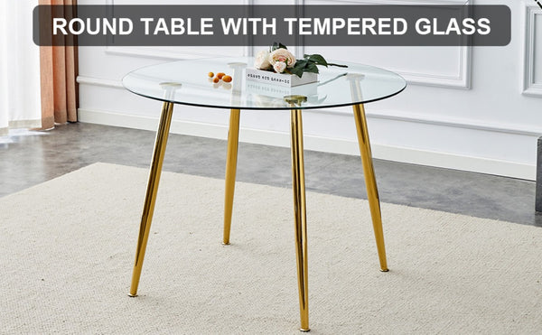English Elm A Round Tempered Glass Dining Table with Gold Metal Legs Seats Four to Six W1151S04954