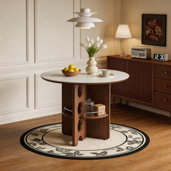 English Elm Medieval-style Sintered Stone Round Dining Table with Storage Shelf for Compact Spaces White Walnut W1151S04956