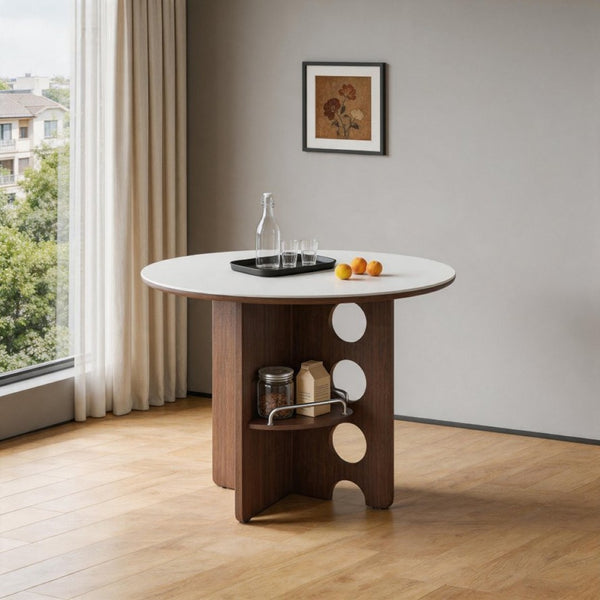 English Elm Medieval-style Sintered Stone Round Dining Table with Storage Shelf for Compact Spaces White Walnut W1151S04956