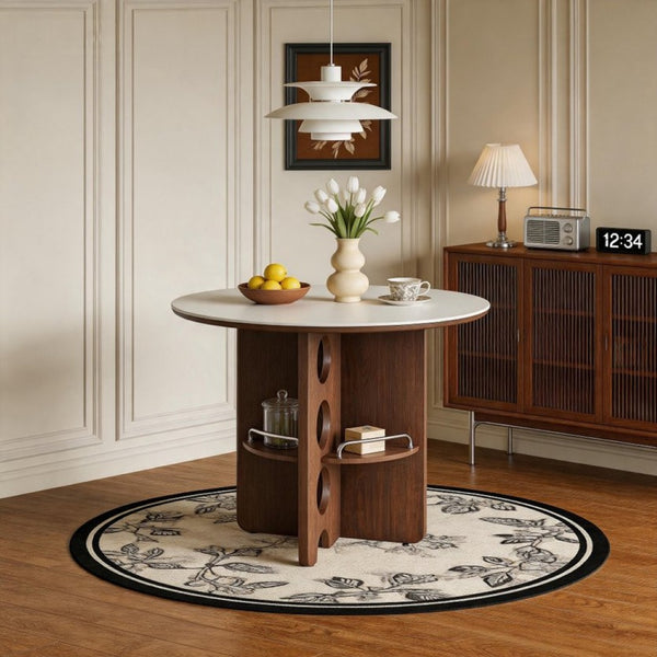 English Elm Medieval-style Sintered Stone Round Dining Table with Storage Shelf for Compact Spaces White Walnut W1151S04956