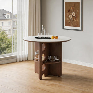 English Elm Medieval-style Sintered Stone Round Dining Table with Storage Shelf for Compact Spaces White Walnut W1151S04956