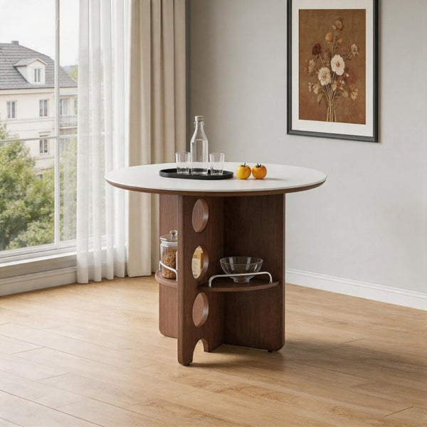 English Elm Medieval-style Sintered Stone Round Dining Table with Storage Shelf for Compact Spaces White Walnut W1151S04956