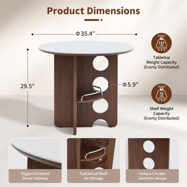 English Elm Medieval-style Sintered Stone Round Dining Table with Storage Shelf for Compact Spaces White Walnut W1151S04956