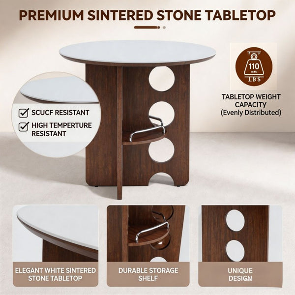 English Elm Medieval-style Sintered Stone Round Dining Table with Storage Shelf for Compact Spaces White Walnut W1151S04956