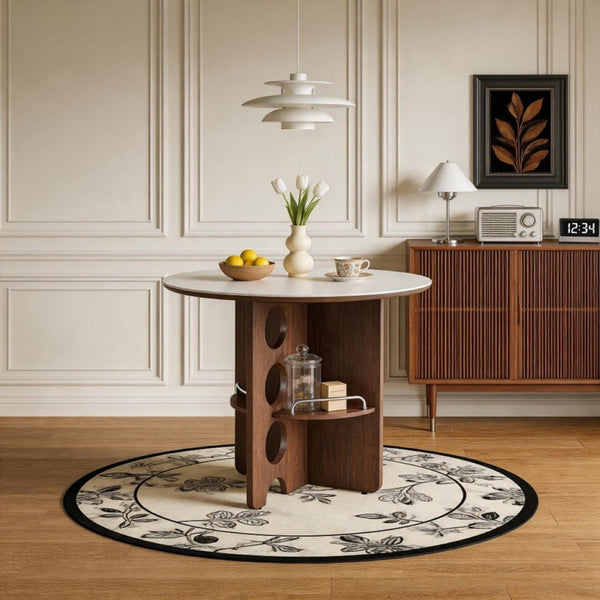English Elm Medieval-style Sintered Stone Round Dining Table with Storage Shelf for Compact Spaces White Walnut W1151S04956