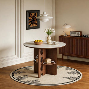 English Elm Medieval-style Sintered Stone Round Dining Table with Storage Shelf for Compact Spaces White Walnut W1151S04956
