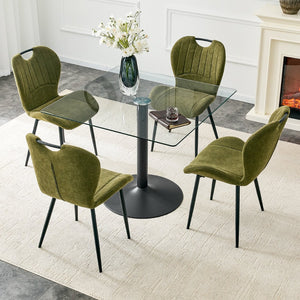 English Elm Table and Chair Set Square Tempered Glass Top Pedestal Base with 4 Olive Fabric Seats W1151S04957