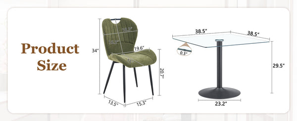 English Elm Table and Chair Set Square Tempered Glass Top Pedestal Base with 4 Olive Fabric Seats W1151S04957