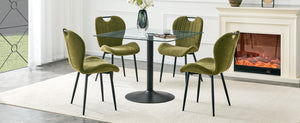 English Elm Table and Chair Set Square Tempered Glass Top Pedestal Base with 4 Olive Fabric Seats W1151S04957