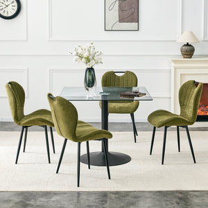 English Elm Table and Chair Set Square Tempered Glass Top Pedestal Base with 4 Olive Fabric Seats W1151S04957