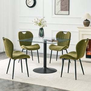 English Elm Table and Chair Set Square Tempered Glass Top Pedestal Base with 4 Olive Fabric Seats W1151S04957