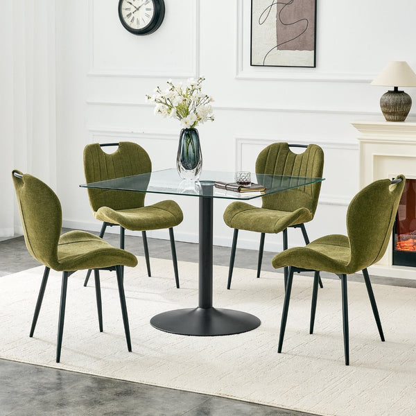 English Elm Table and Chair Set Square Tempered Glass Top Pedestal Base with 4 Olive Fabric Seats W1151S04957