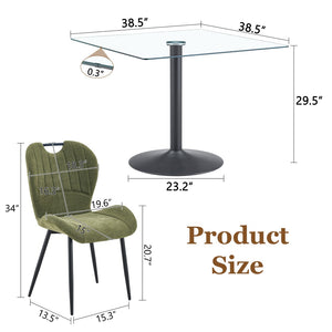 English Elm Table and Chair Set Square Tempered Glass Top Pedestal Base with 4 Olive Fabric Seats W1151S04957