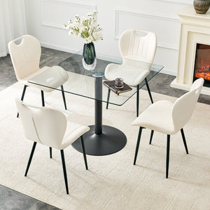 English Elm Table and Chair Set Square Tempered Glass Top Pedestal Base with 4 Pu Dining Seats White Chairs W1151S04959