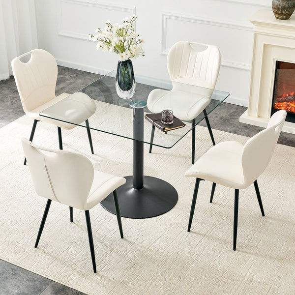 English Elm Table and Chair Set Square Tempered Glass Top Pedestal Base with 4 Pu Dining Seats White Chairs W1151S04959