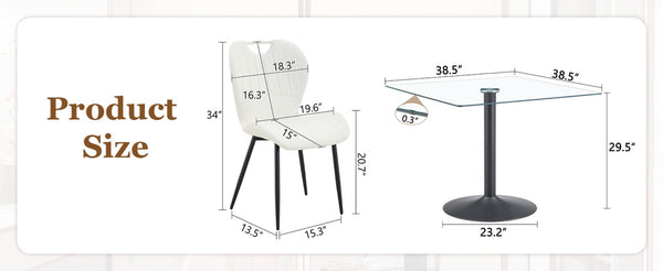 English Elm Table and Chair Set Square Tempered Glass Top Pedestal Base with 4 Pu Dining Seats White Chairs W1151S04959
