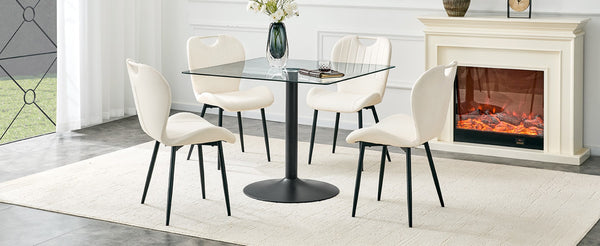 English Elm Table and Chair Set Square Tempered Glass Top Pedestal Base with 4 Pu Dining Seats White Chairs W1151S04959