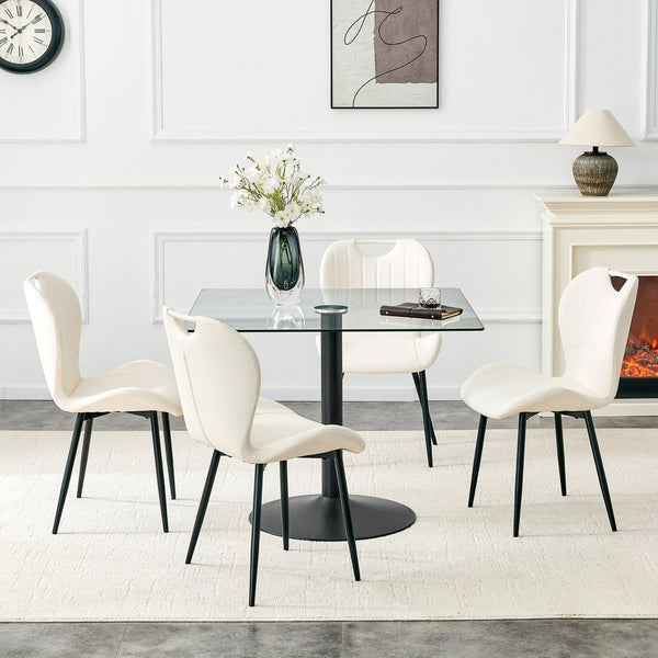 English Elm Table and Chair Set Square Tempered Glass Top Pedestal Base with 4 Pu Dining Seats White Chairs W1151S04959