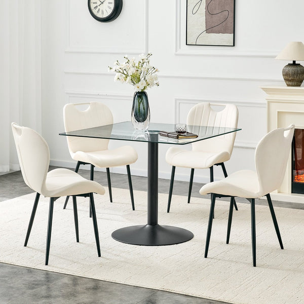 English Elm Table and Chair Set Square Tempered Glass Top Pedestal Base with 4 Pu Dining Seats White Chairs W1151S04959