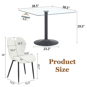 English Elm Table and Chair Set Square Tempered Glass Top Pedestal Base with 4 Pu Dining Seats White Chairs W1151S04959