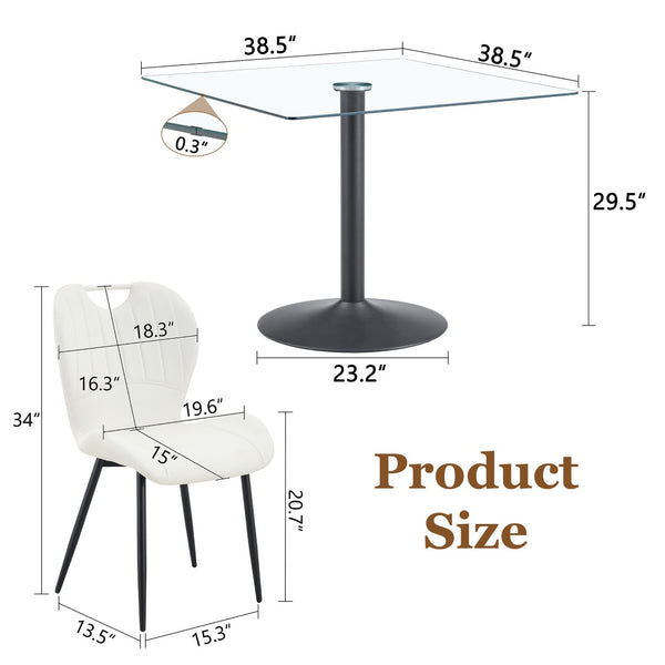 English Elm Table and Chair Set Square Tempered Glass Top Pedestal Base with 4 Pu Dining Seats White Chairs W1151S04959