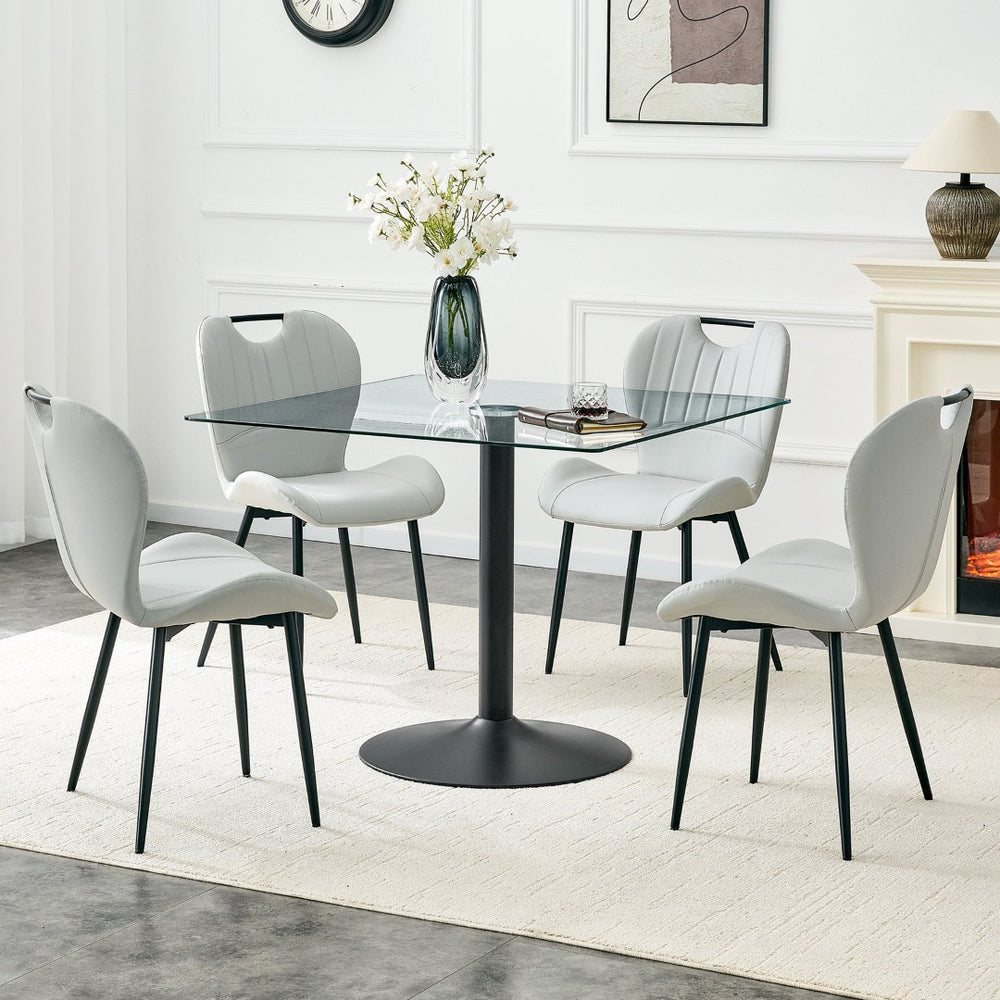 English Elm Table and Chair Set Square Tempered Glass Top Black Metal Pedestal Base 5 Piece Light Gray W1151S04960