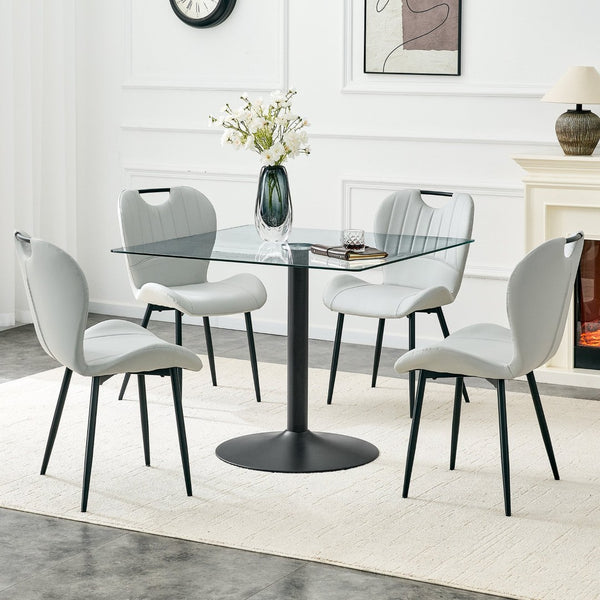 English Elm Table and Chair Set Square Tempered Glass Top Black Metal Pedestal Base 5 Piece Light Gray W1151S04960
