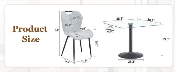 English Elm Table and Chair Set Square Tempered Glass Top Black Metal Pedestal Base 5 Piece Light Gray W1151S04960